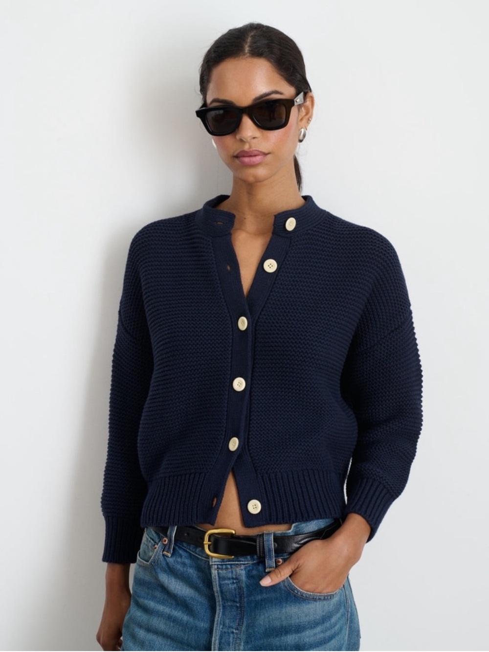 Alex Mill Nico Cardigan S Navy Blue 100% Cotton Knit Sweater Coastal Classic